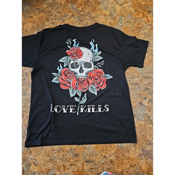 Love Kills T-shirt Mens Skull Roses rgstr couture‎ Size 2XL Black (A56) - Picture 4 of 8